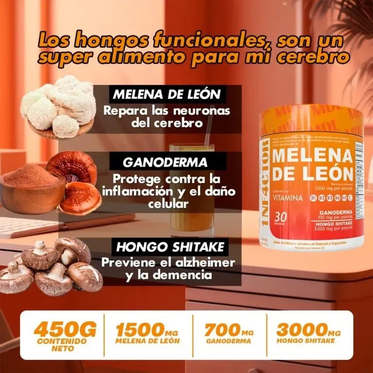 Hongos funcionales: Melena de León 1.500 mg, Ganoderma 700 mg y Shiitake 3.000 mg por porción